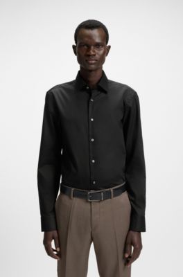 Camisa slim fit en popel&iacute;n de algod&oacute;n de planchado f&aacute;cil, Negro