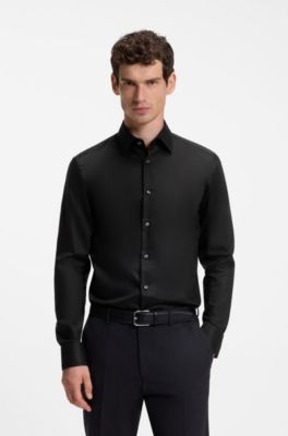 Camisa slim fit en popel&iacute;n de algod&oacute;n de planchado f&aacute;cil, Negro