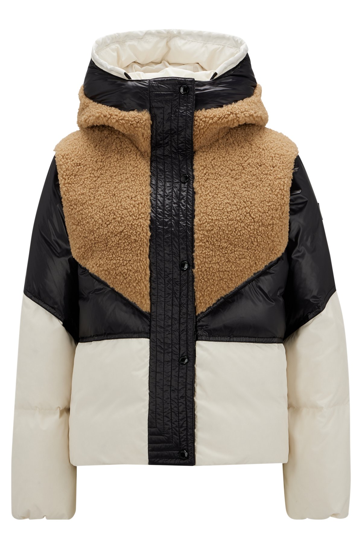 Mixed-material down-filled jacket with teddy panels
