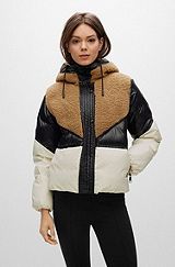 Mixed-material down-filled jacket with teddy panels, Beige