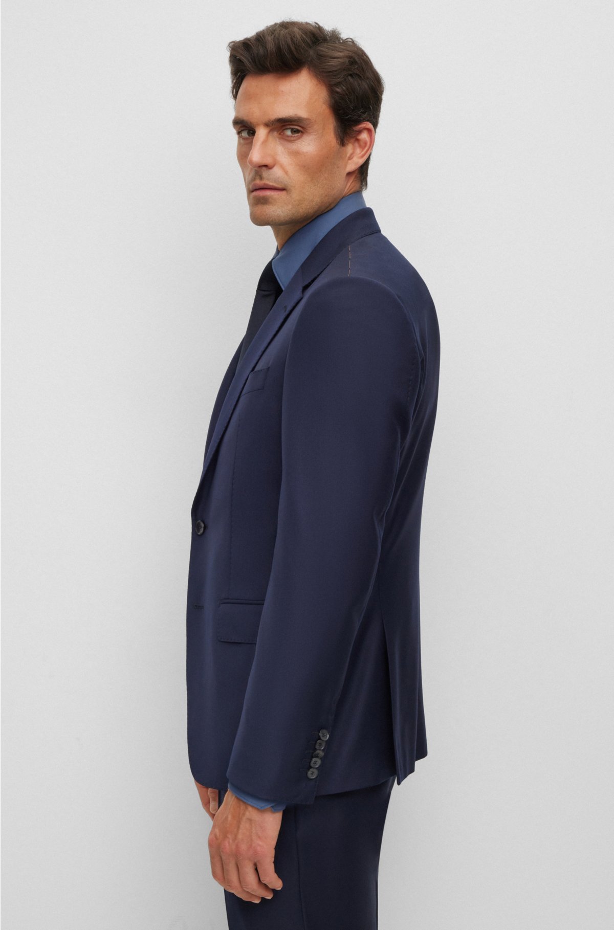 Single-breasted jacket in stretch wool, Dark Blue