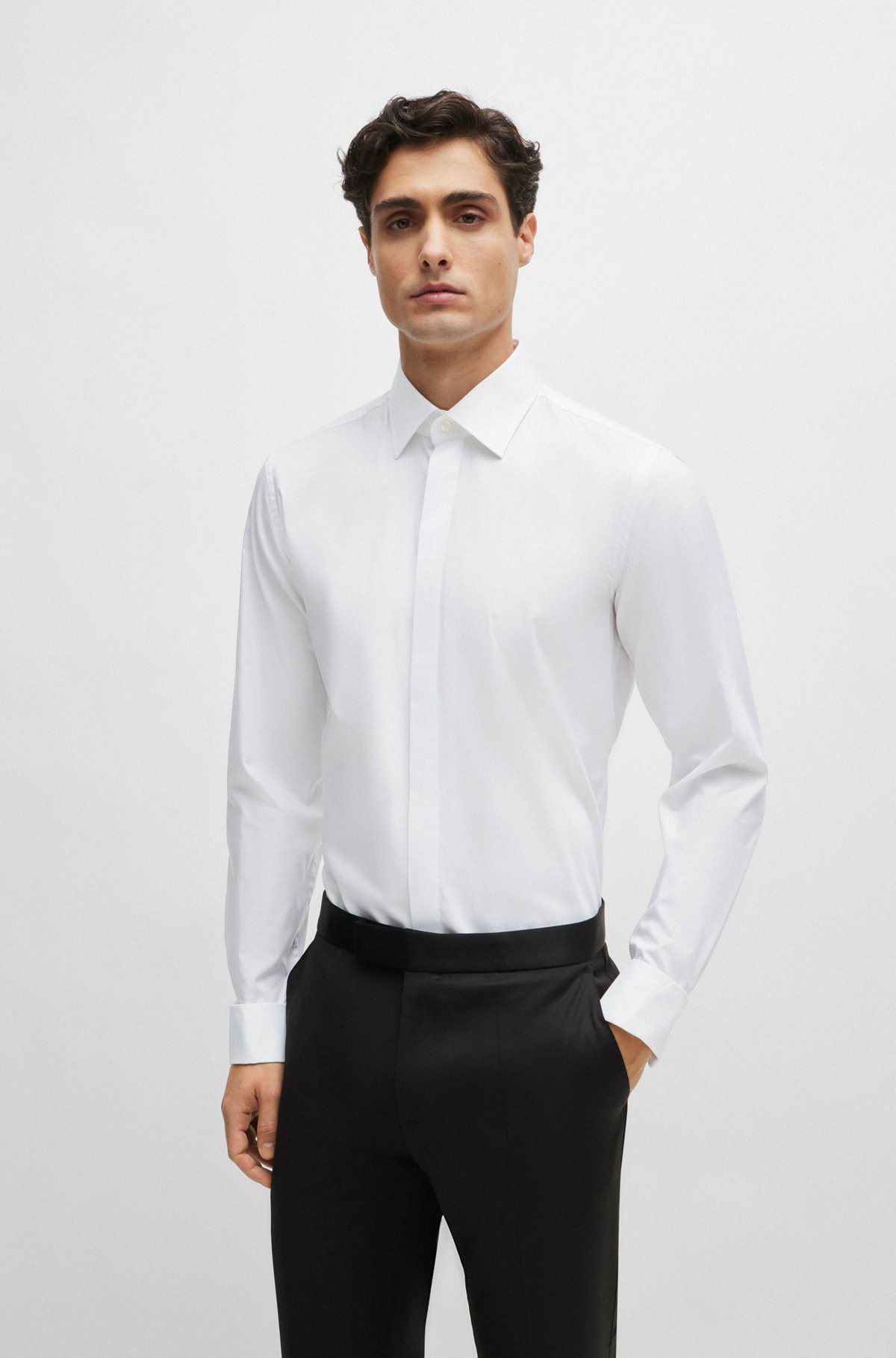 did it Susceptible to select BOSS - Slim-fit dress shirt in easy-iron stretch cotton