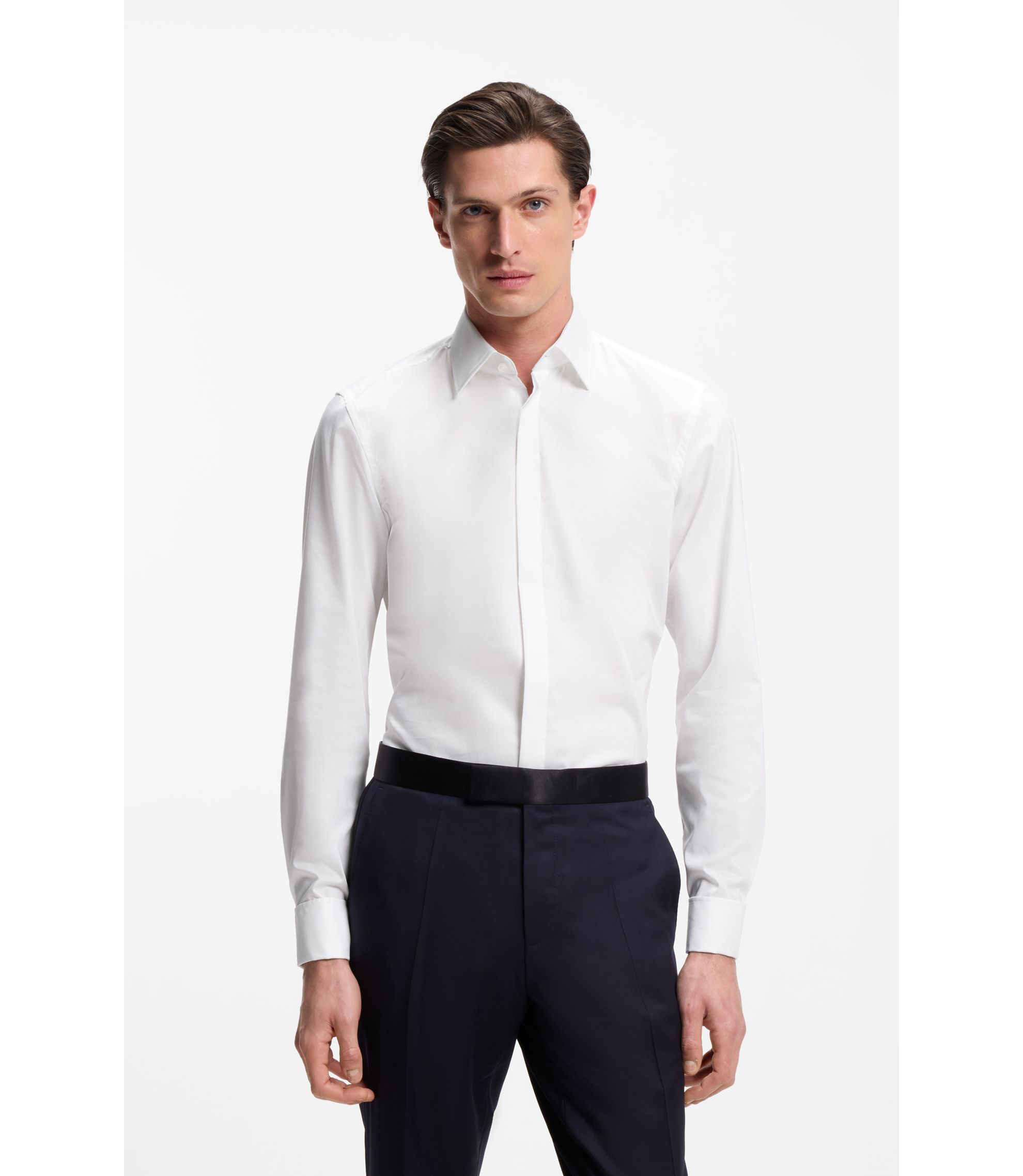BOSS - Slim-fit dress shirt in easy-iron stretch cotton - White