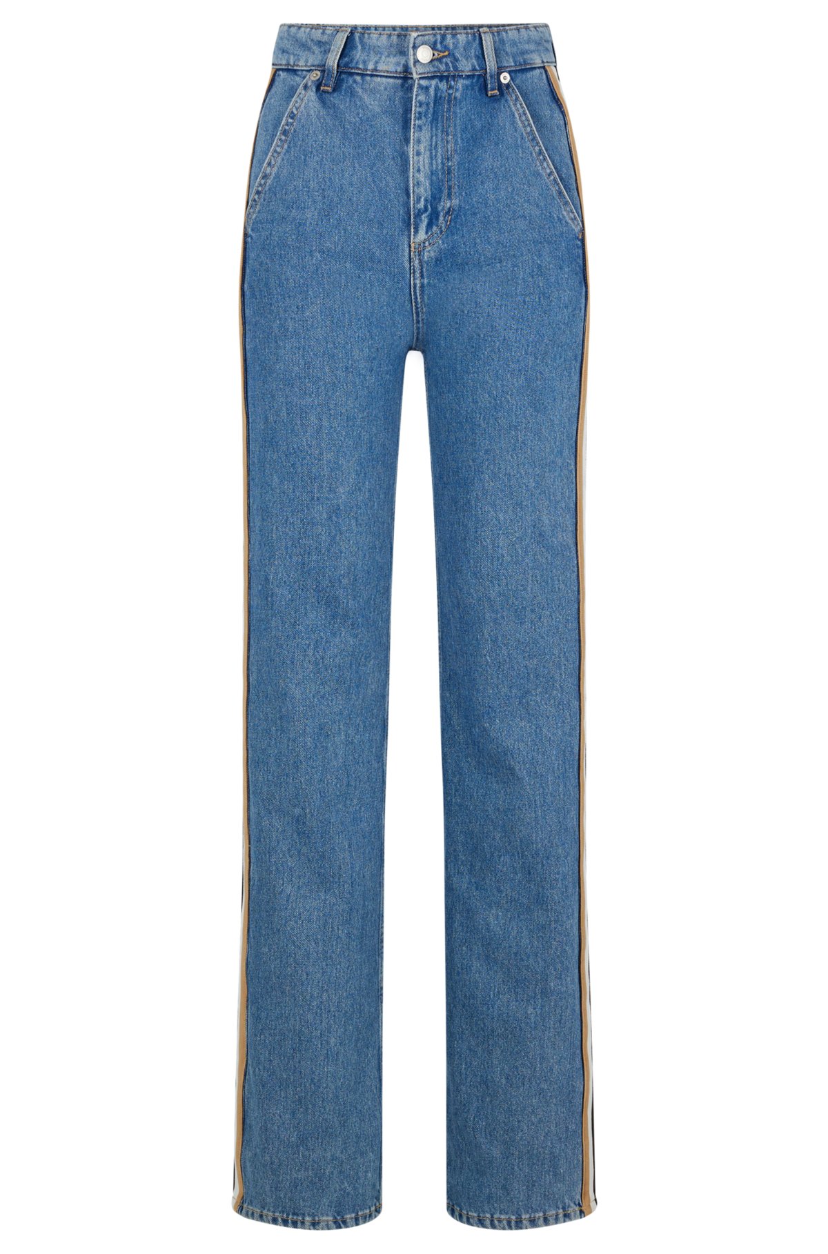 BOSS - Regular-fit biker-style jeans in mid-blue denim