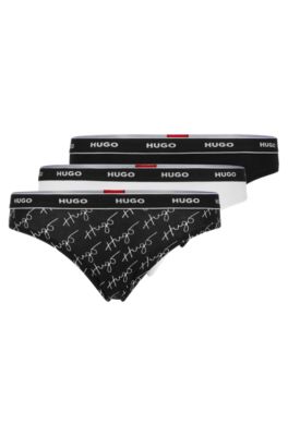 Hugo Boss Three-pack Of Logo-waistband Thongs In Stretch Cotton In Black