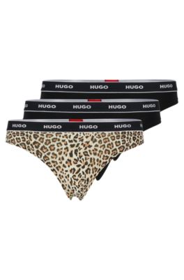 Hugo Three-pack Of Logo-waistband Thongs In Stretch Cotton In Patterned