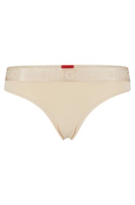 Hugo Boss Stretch-cotton Thong Briefs With Logo Waistband In Light Beige