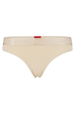 Hugo Stretch-cotton Thong Briefs With Logo Waistband In Light Beige