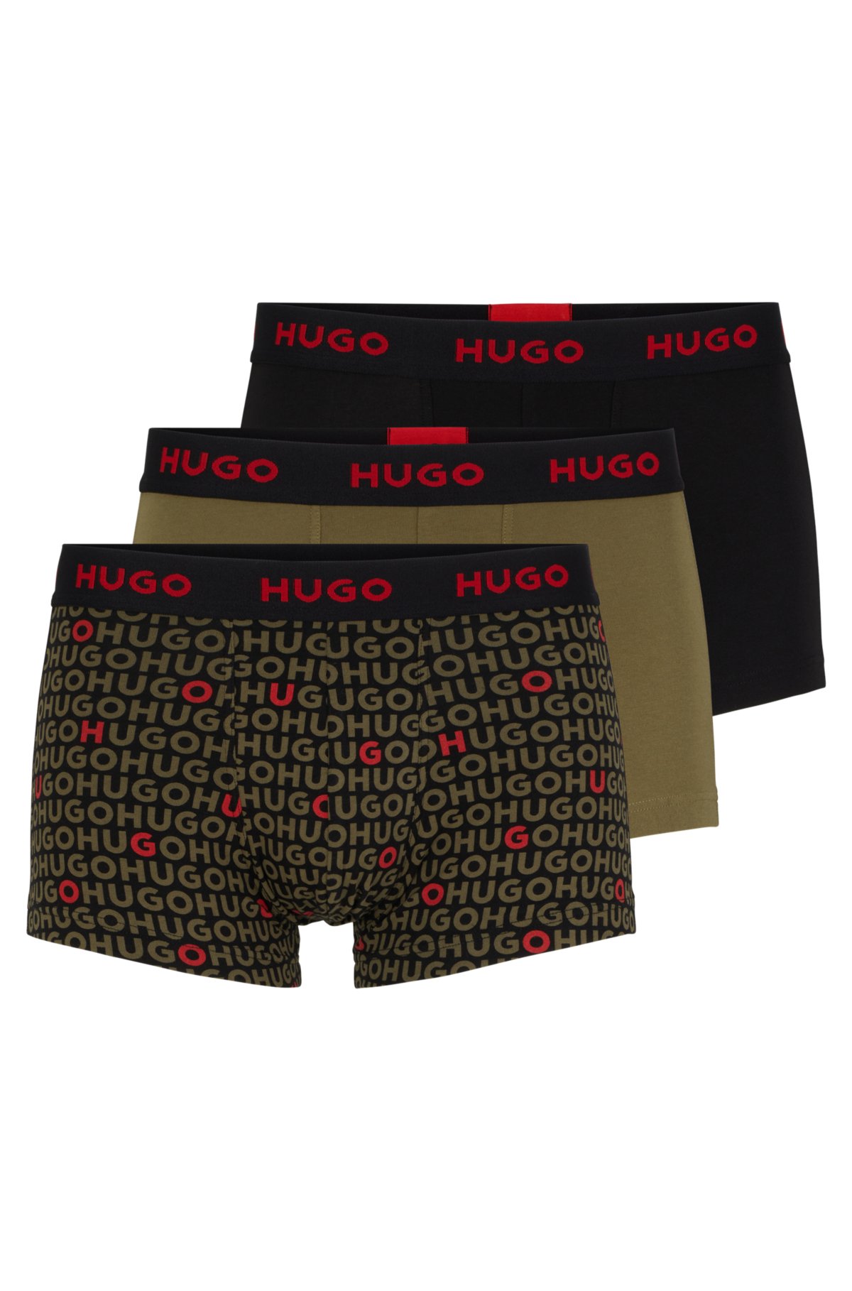 Triple-pack of stretch-cotton trunks with logo waistbands, Light Green