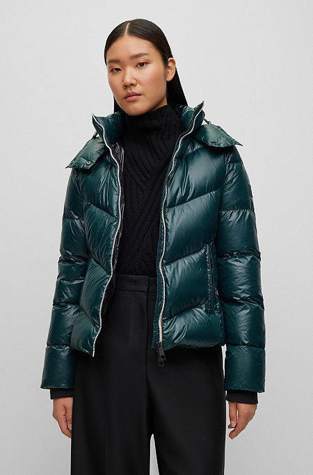 High-shine quilted down jacket with adjustable hood, Dark Green