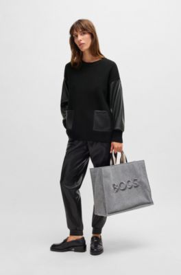 Wool sweater with faux-leather sleeves, Black