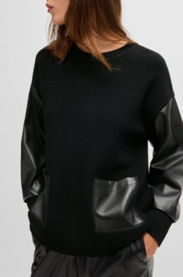 BOSS - Wool sweater with faux-leather sleeves - Black