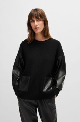 Hugo Boss Virgin-wool Sweater With Faux-leather Sleeves In Black