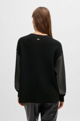 Wool sweater with faux-leather sleeves, Black