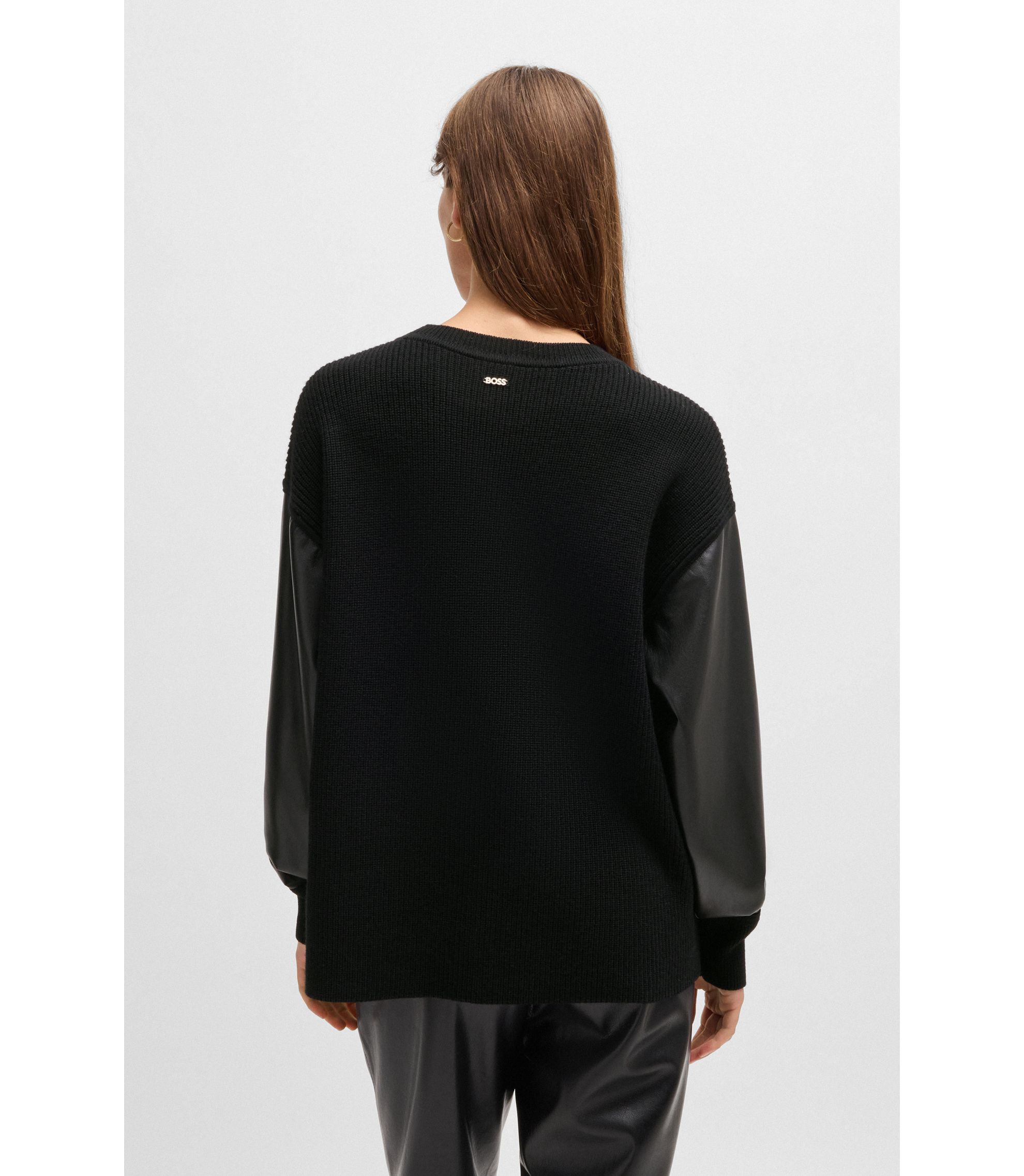 BOSS - Wool sweater with faux-leather sleeves - Black