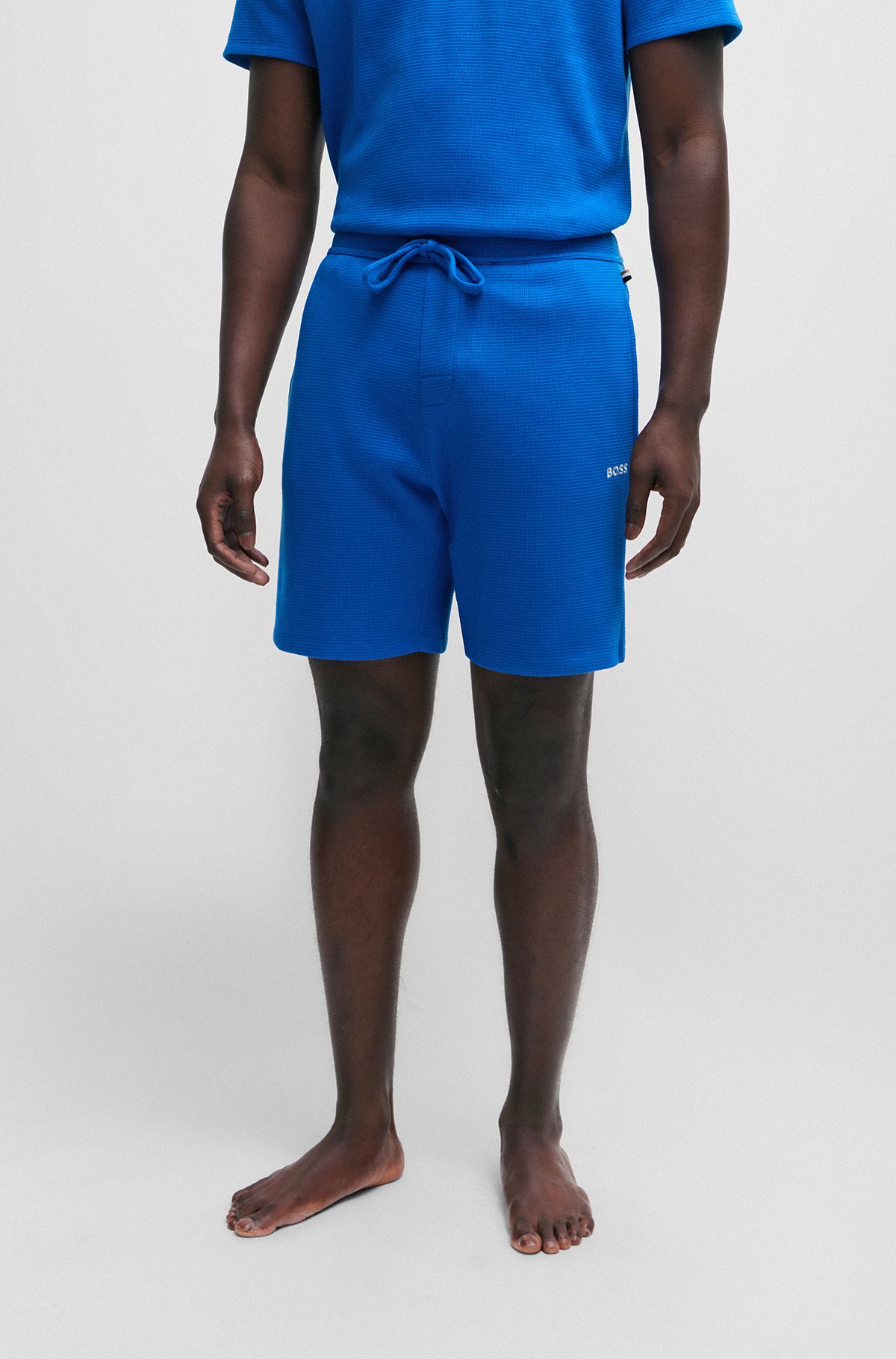 Shorts de pijama en mezcla de algodón con logo bordado, Azul