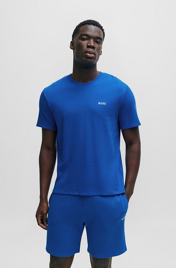 T-shirt de pyjama en coton mélangé à logo brodé, Bleu