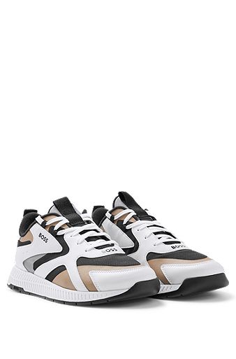 Mixed-material trainers with thermo-bonded details, Light Beige