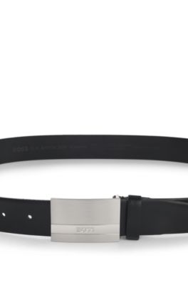 Ceinture en cuir italien avec boucle plate &agrave; logo grav&eacute;, Noir
