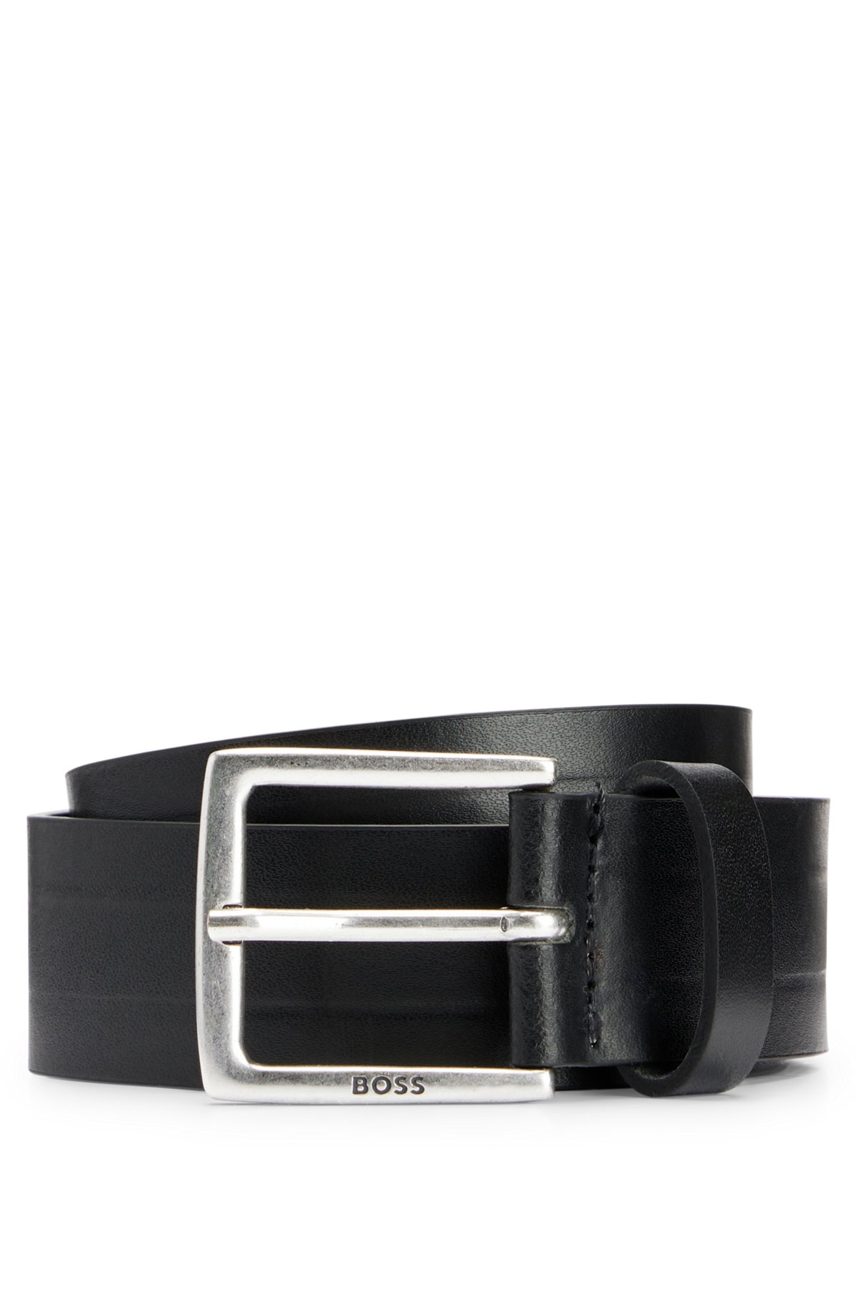 BOSS - Embossed-leather belt with silver-effect buckle