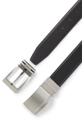 Reversible belt in Italian leather with interchangeable buckles, Black