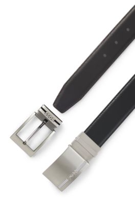 Ceinture r&eacute;versible en cuir italien avec deux boucles, Noir
