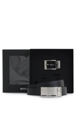 Reversible belt in Italian leather with interchangeable buckles, Black