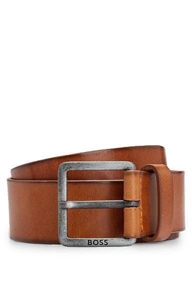 Leather belt with logo buckle, Brown