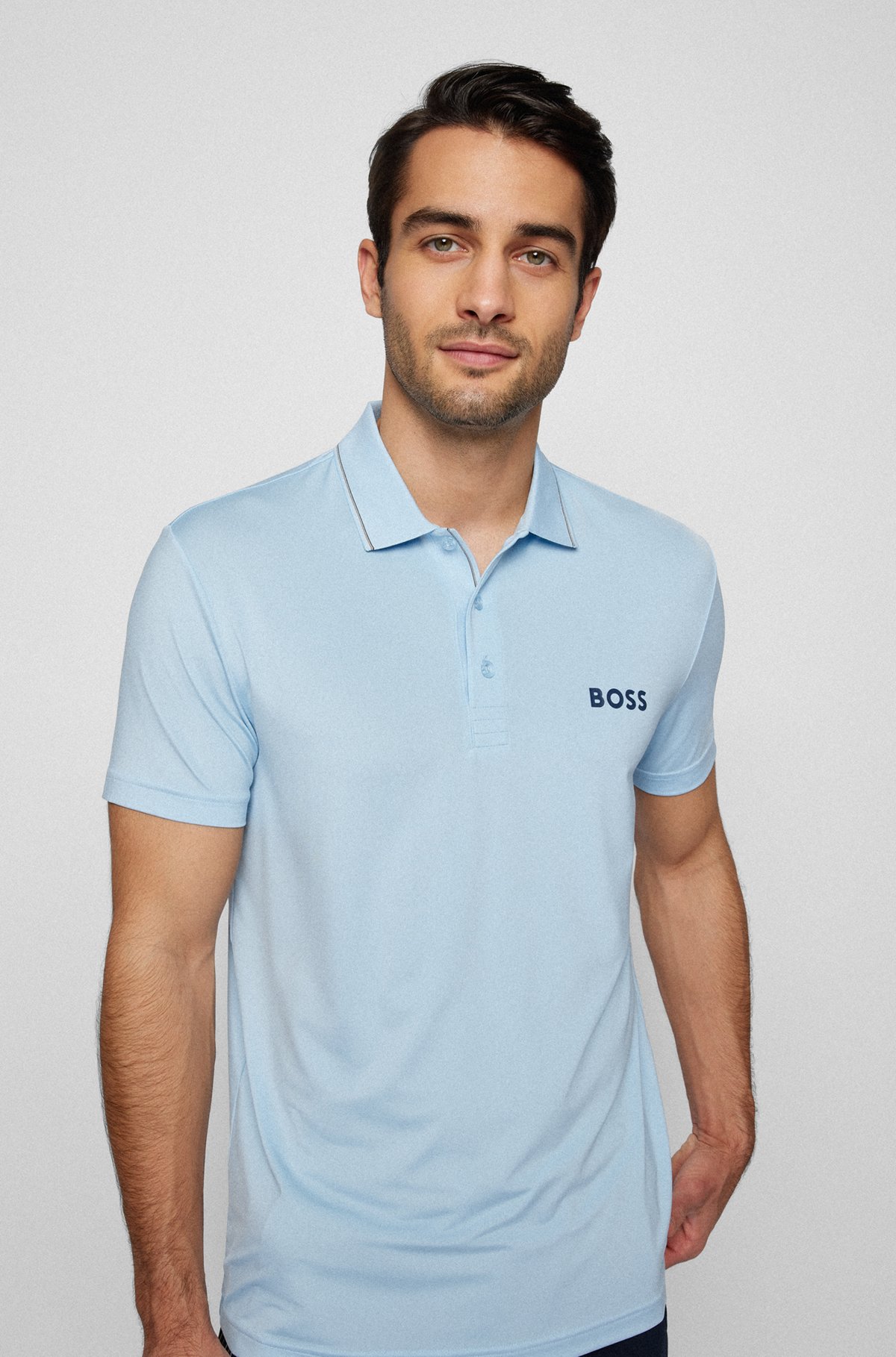 Logo polo shirt in performance-stretch jersey, Light Blue