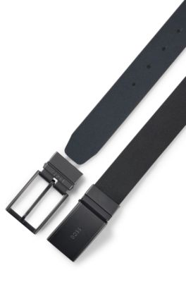 Italian-leather reversible belt with pin and plaque buckles, Black