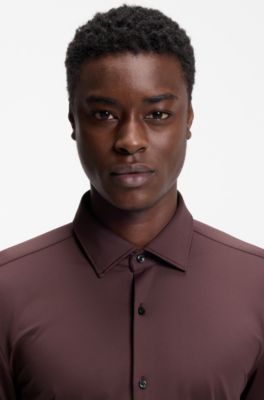 Camisa slim fit de punto el&aacute;stico t&eacute;cnico, Marr&oacute;n claro