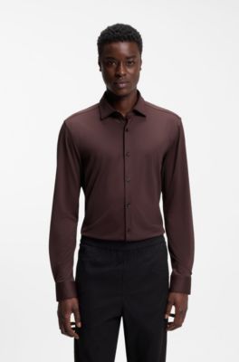Camisa slim fit de punto el&aacute;stico t&eacute;cnico, Marr&oacute;n claro
