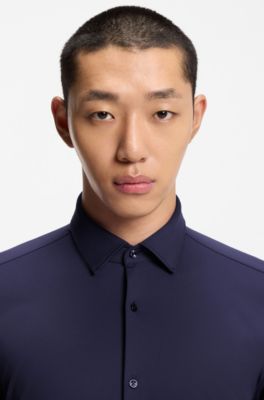Slim-fit shirt in performance-stretch jersey, Dark Blue