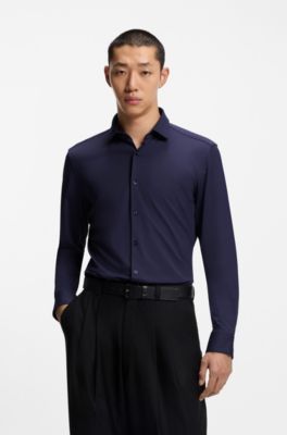 Slim-fit shirt in performance-stretch jersey, Dark Blue