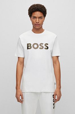 Shop BOSS Monogram-filled logo T-shirt in interlock cotton