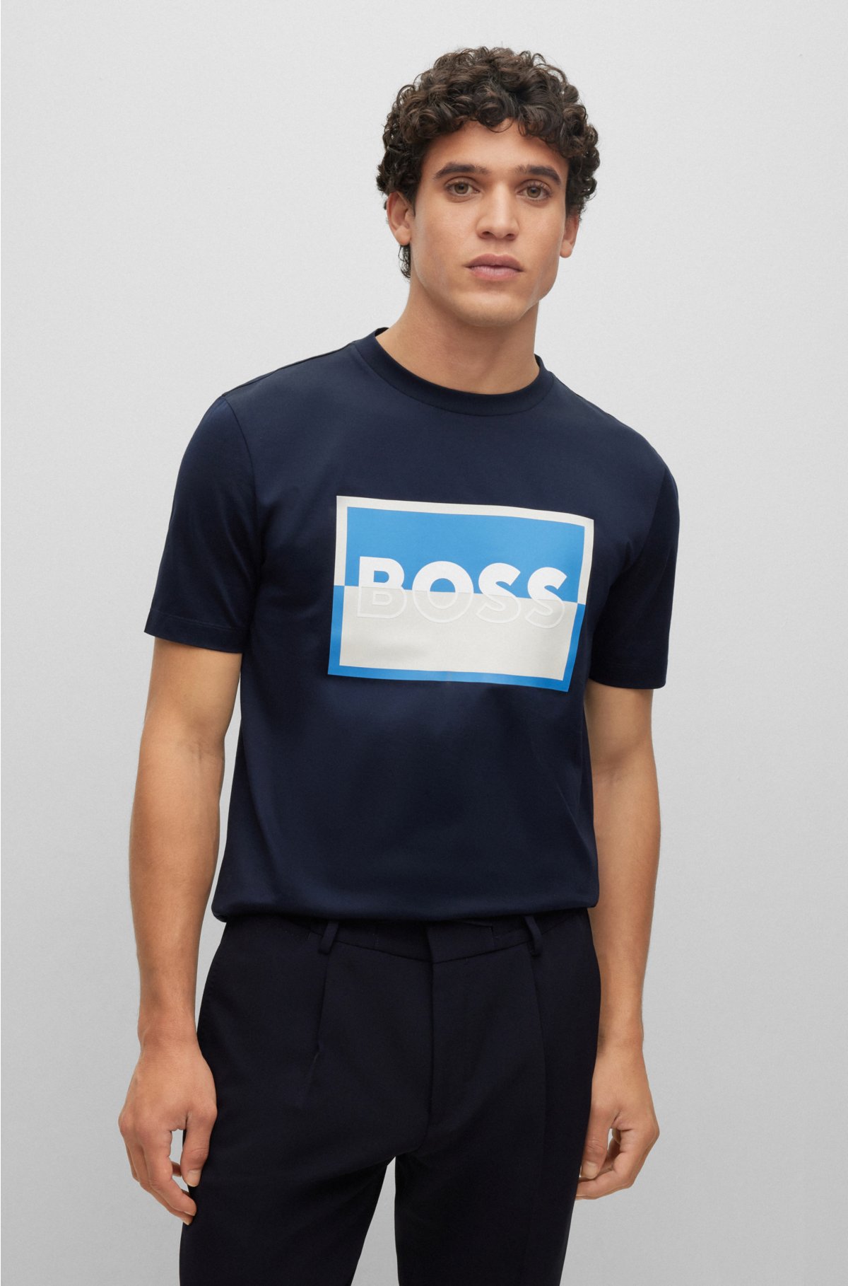 format national Egern BOSS - Slim-fit T-shirt in mercerized cotton with split logo