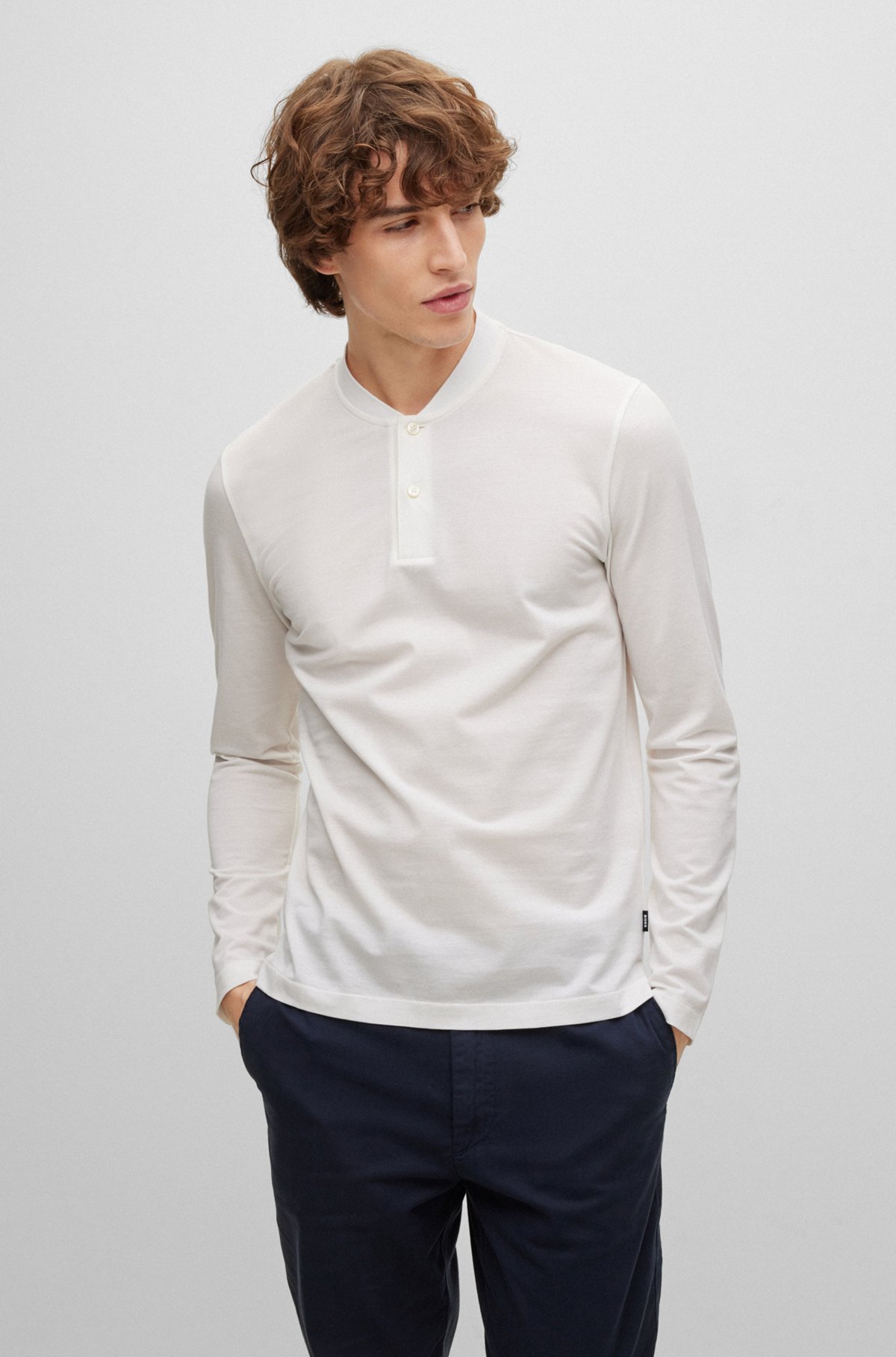 BOSS - Slim-fit collarless polo shirt in mercerized cotton