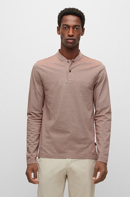 Slim-fit collarless polo shirt in mercerized cotton, Brown