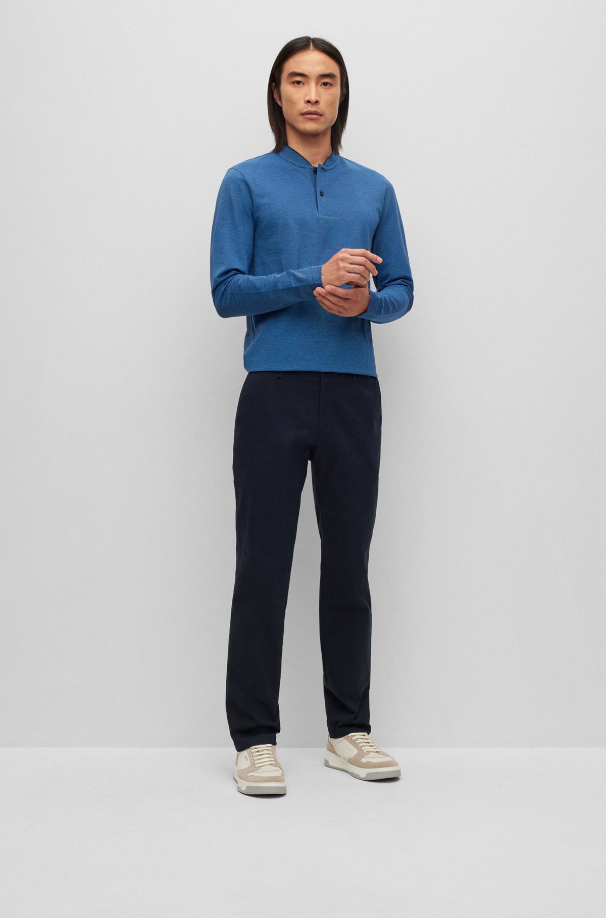 BOSS - Slim-fit collarless polo shirt in mercerized cotton