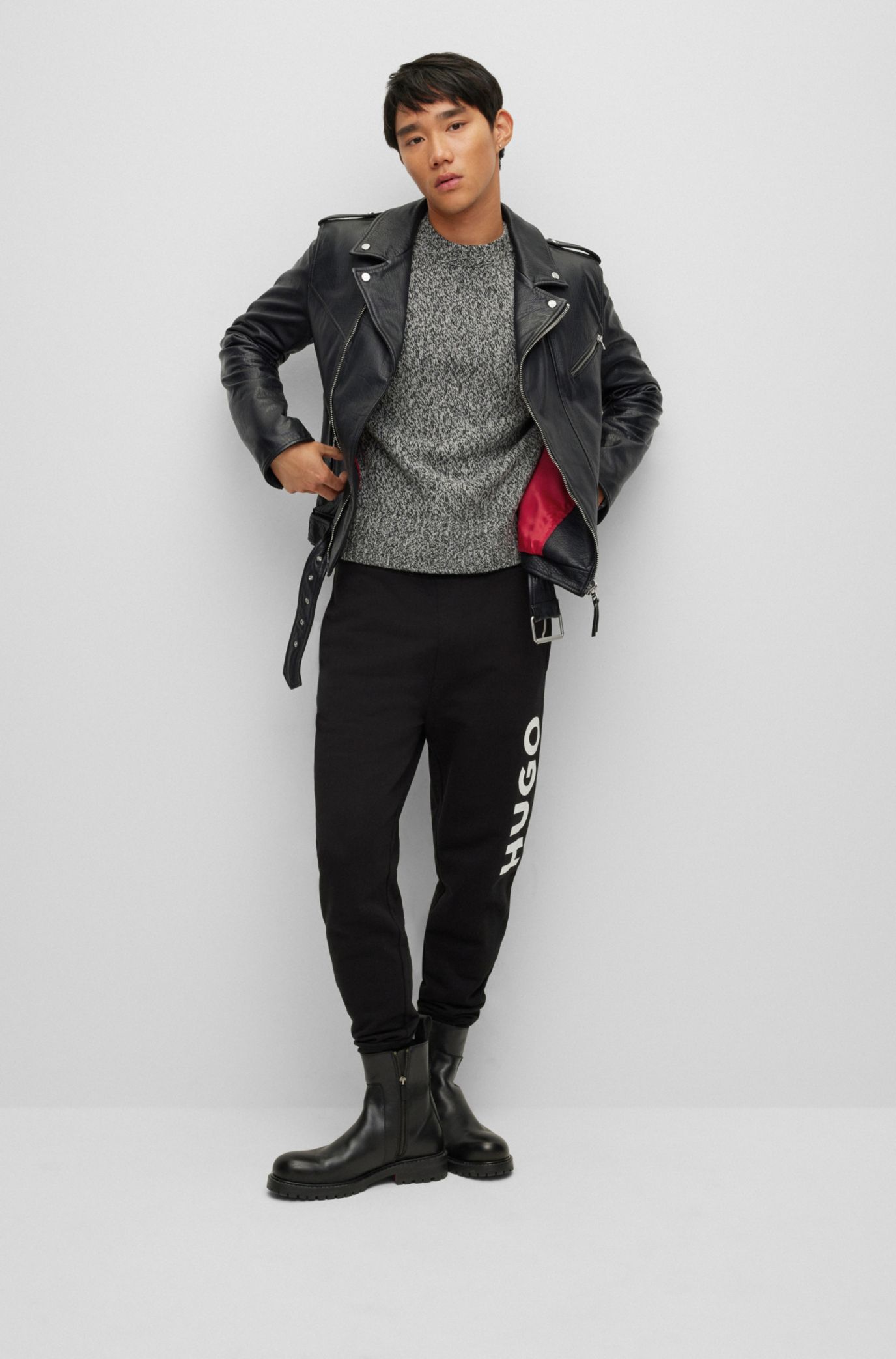 HUGO - Buffalo-leather jacket with contrast lining and branded trims