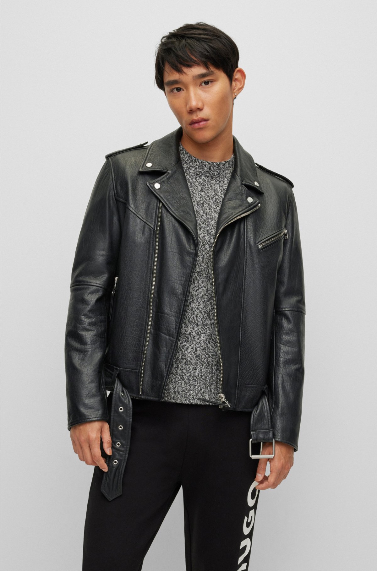 HUGO - Buffalo-leather jacket with contrast lining and branded trims