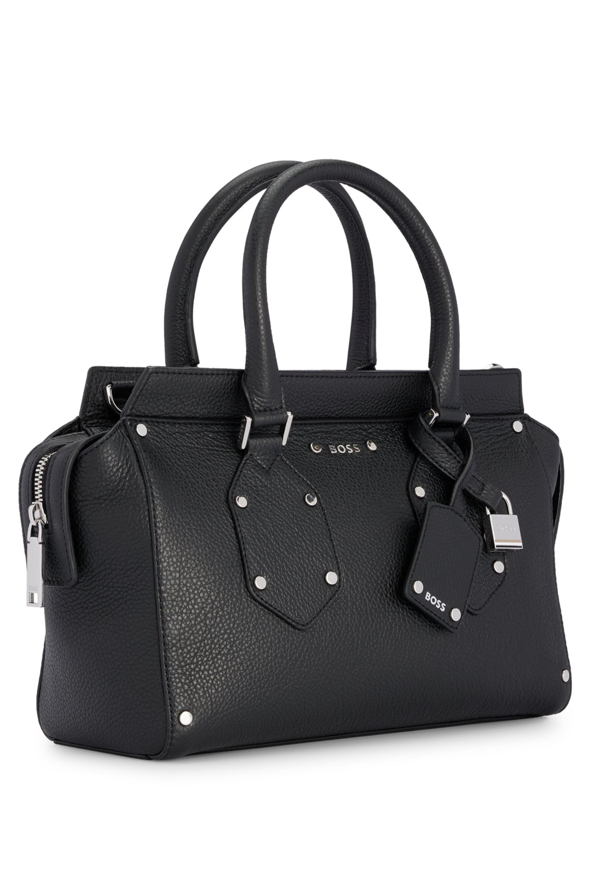BOSS - Grained-leather tote bag with branded padlock and tag