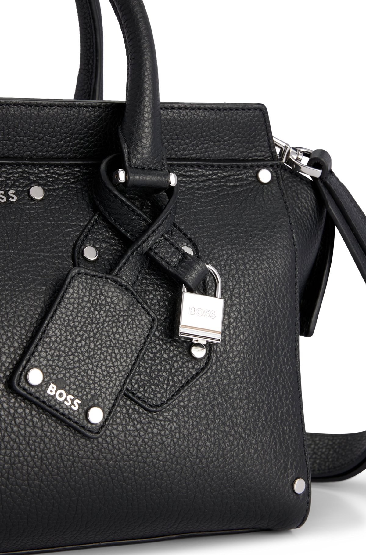 Grained-leather tote bag with branded padlock and tag, Black