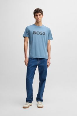 Cotton-jersey T-shirt with large logo print, Light Blue