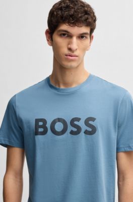 Cotton-jersey T-shirt with large logo print, Light Blue