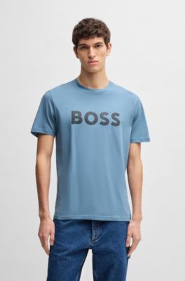 Cotton-jersey T-shirt with large logo print, Light Blue