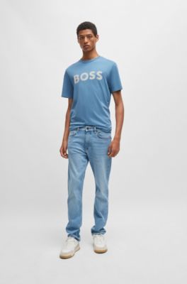 Cotton-jersey T-shirt with large logo print, Light Blue