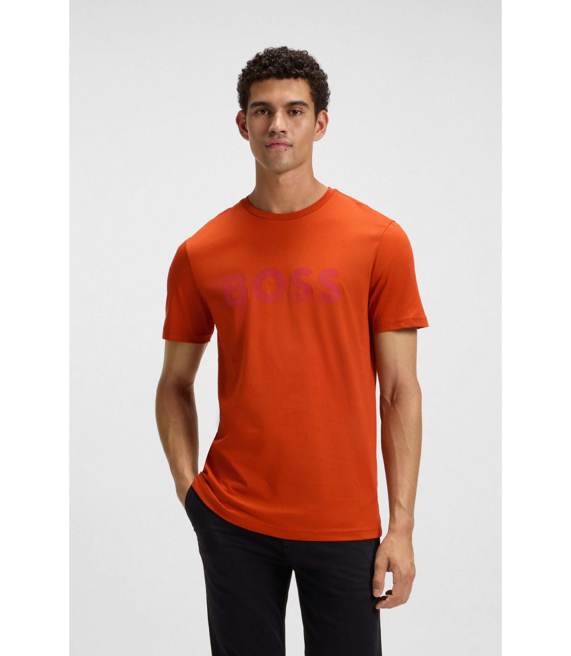BOSS - Cotton-jersey T-shirt with rubber-print logo - Orange