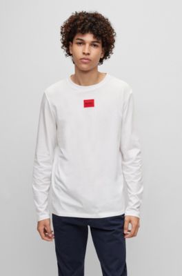 Hugo Cotton-jersey T-shirt With Red Logo Label In White | ModeSens