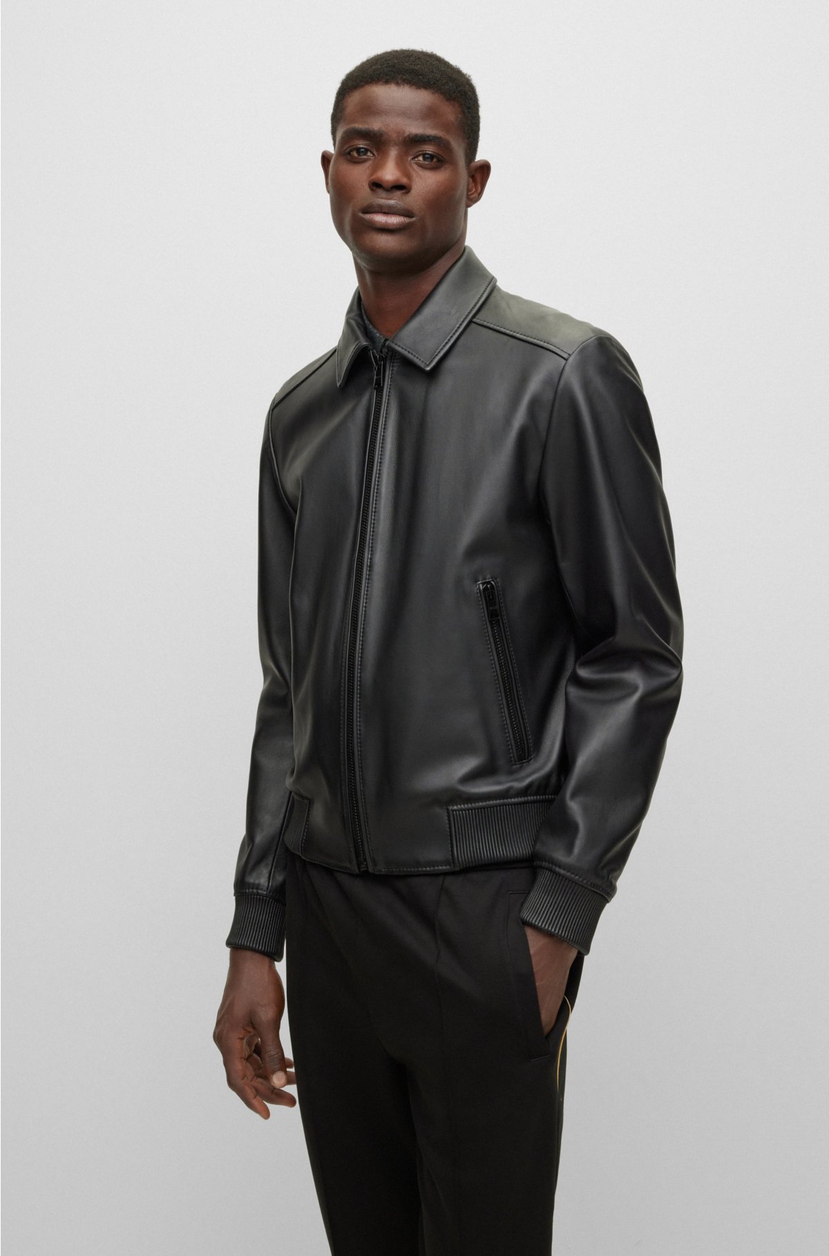 BOSS - Nappa-leather bomber jacket with wing collar